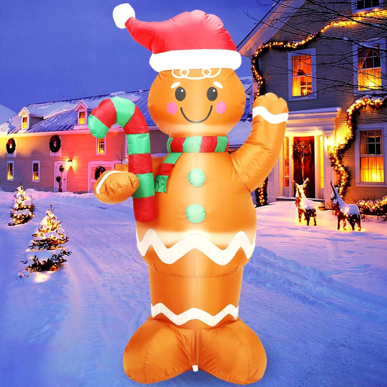 5FT H Lovely Christmas Inflatable Gingerbread Man with Candy Cane, Blow up Gingerbread Man,Christmas Inflatables Gingerbread with Bulid-in LEDs for Indoor Outdoor Decoration